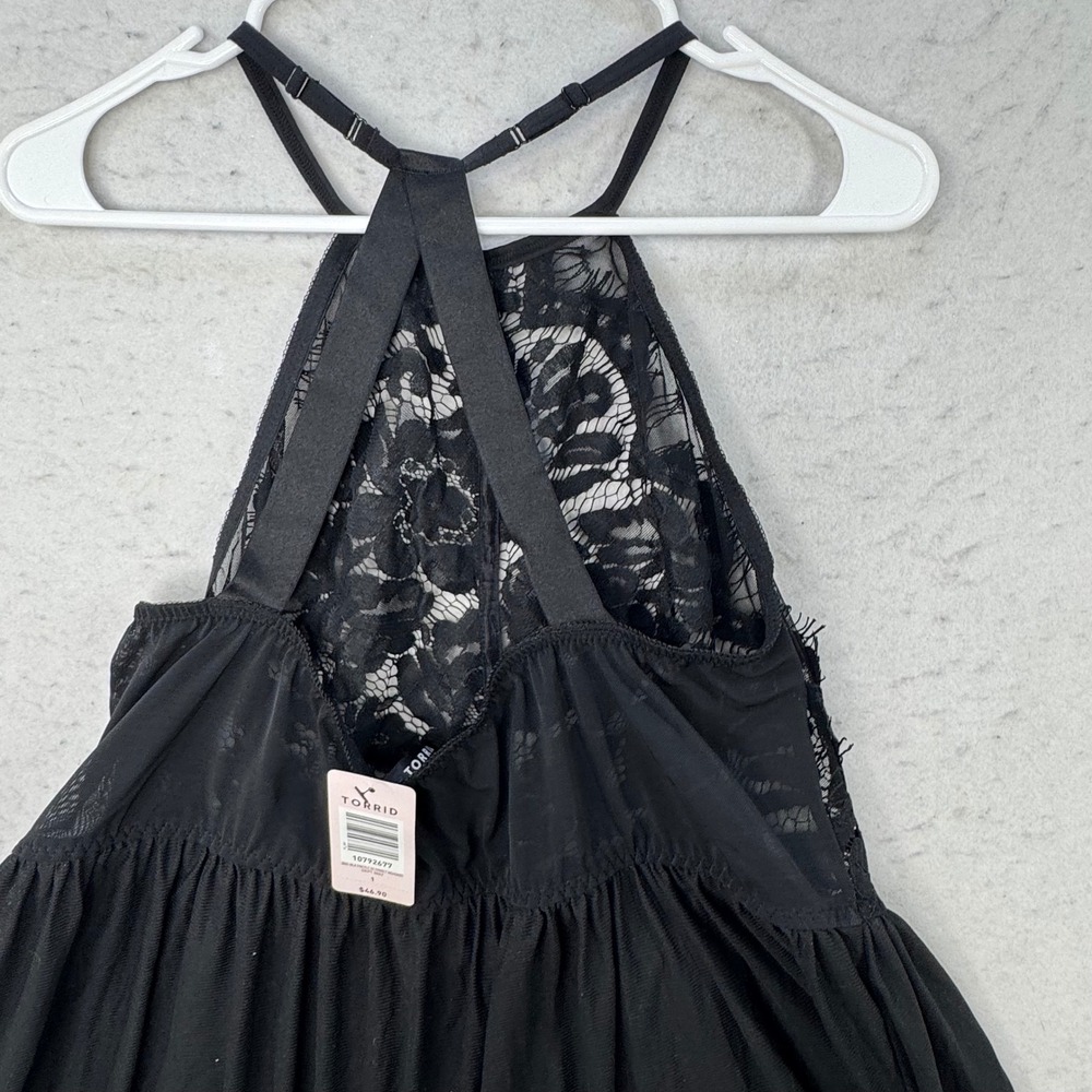 Torrid 1 Babydoll Lingerie 16/18 Black Lace Mesh Halter Strappy Goth Romantic - Picture 8 of 13